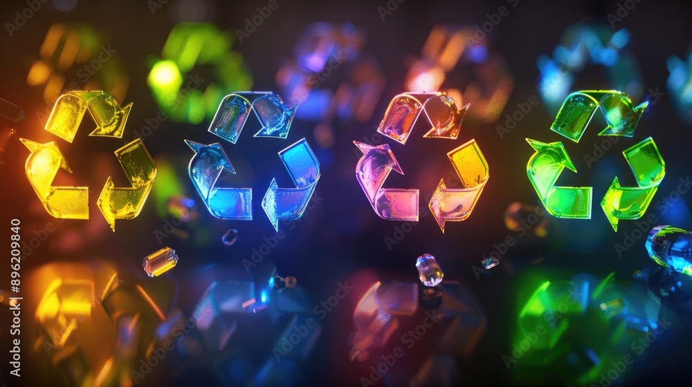 Poster a series of colorful recycling symbols are shown in a pattern. the symbols are made of glass and are