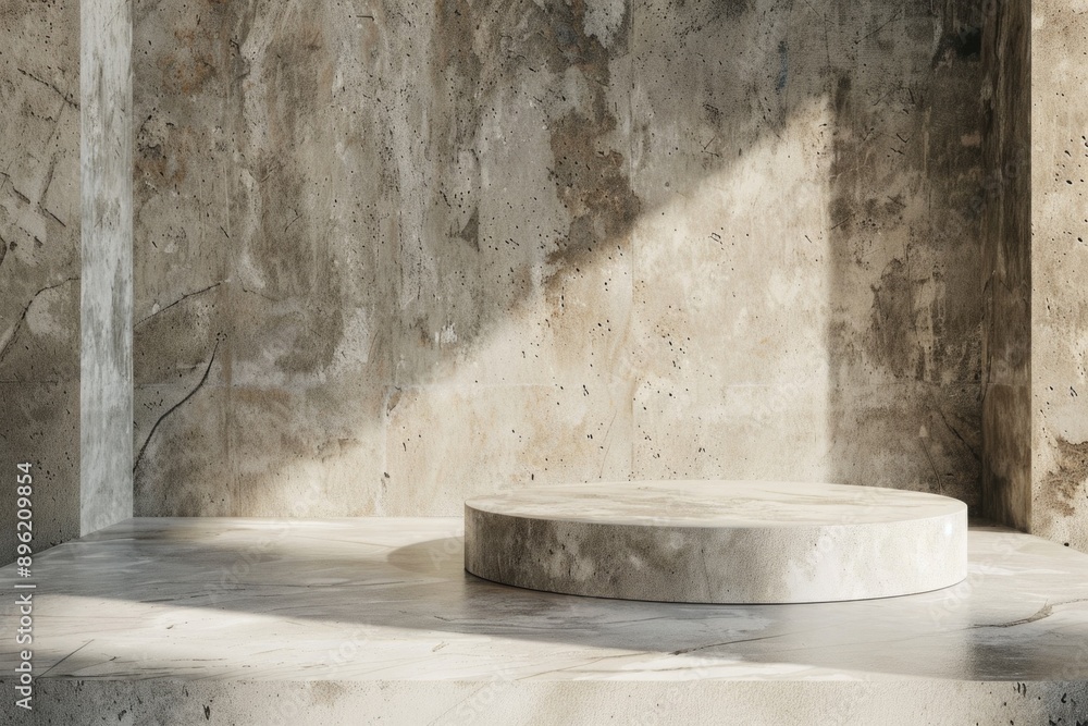 Poster a large, round stone pedestal sits in front of a wall. the stone is grey and has a rough texture. th