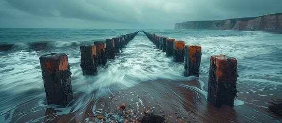 old mossy groynes on a beach worn by age