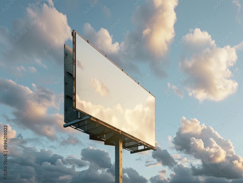 Poster a large billboard with a cloudy sky in the background. the billboard is reflecting the clouds, creat