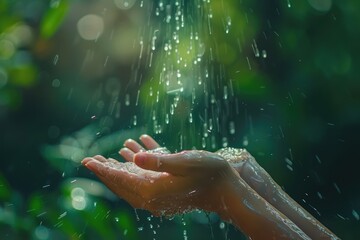 Fototapeta premium Hands Catching Raindrops in Nature