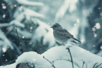A small bird is standing on a snowy hill. The image has a peaceful and serene mood, as the bird is alone and undisturbed by the snow. The white snow covering the ground