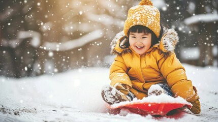 A young girl is sitting on a red sled in the snow. She is wearing a yellow jacket and a yellow hat