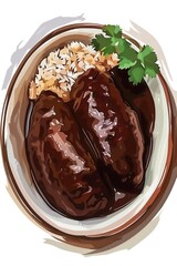 A plate of food with meat and rice. The meat is cut into small pieces and is surrounded by rice. There is also a sprig of parsley on top of the rice. Scene is appetizing and inviting