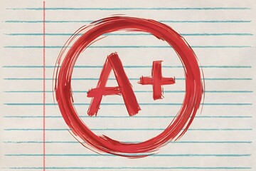 Hand-Drawn Red A+ Grade on Lined Paper Background