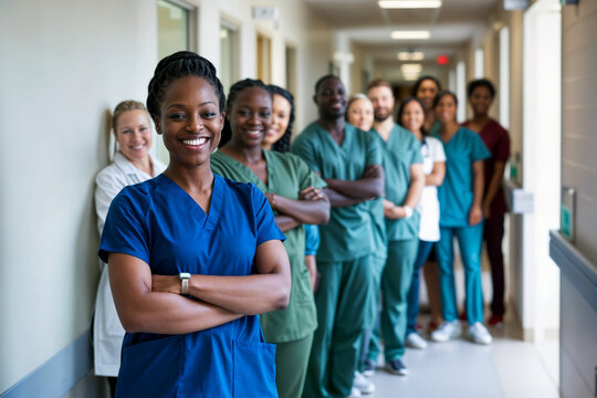Diverse team of confident healthcare professionals standing in hospital corridor, led by smiling African American nurse in blue scrubs