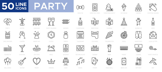 Party icon set birthday, holidays, event, carnival festive. Basic party elements icons collection. Vector Illustration. Symbols. Mask gifts cake firework