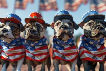 Group of dogs dressed in patriotic costumes for celebration or event, suitable for Independence Day or other national holidays