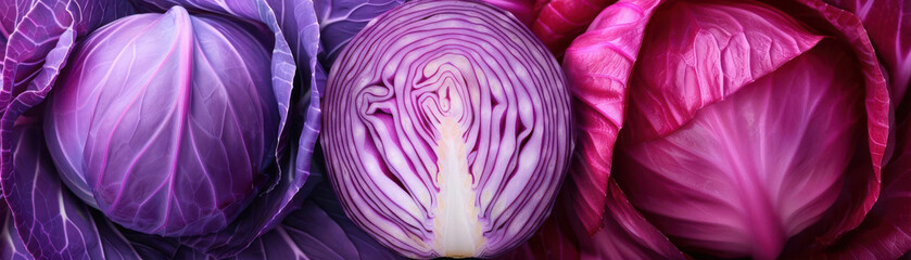 Obraz premium Head of purple cabbage, vibrant and rich in color, sliced in half close up, nutritious choice, vibrant, Manipulation, market display backdrop.
