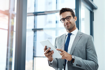 Happy, businessman and portrait with tablet in office for networking, client communication and legal research. Male paralegal, technology and online for case management, document review and drafting.