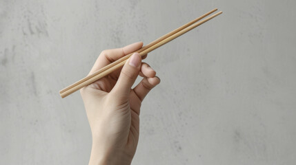 Hand holding chopsticks against neutral background