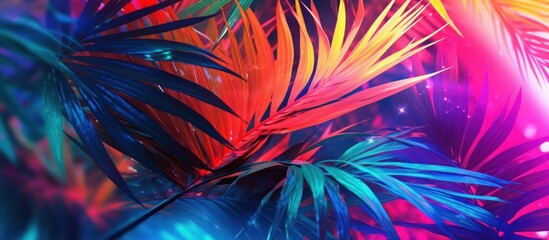 Palm tropical leaves with bright bold gradient holographic colors