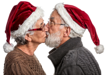 Elderly Couple Sharing a Kiss While Wearing Santa Hats on Transparent Background for Festive Holiday Celebrations