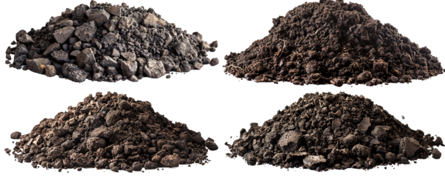Various piles of soil and gravel, perfect for construction, landscaping, or gardening projects. High-quality earthy textures.