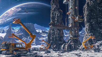 A space elevator under construction on the surface of a distant planet, with robotic arms assembling the massive structure.