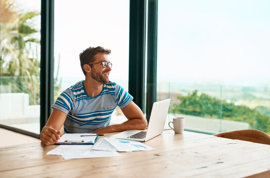 Remote work from home, thinking and man with laptop, smile and inspiration with internet. Person, ideas and entrepreneur with computer, proposal and deadline with creativity for project and planning