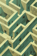 isometric labyrinth maze with tiny figures