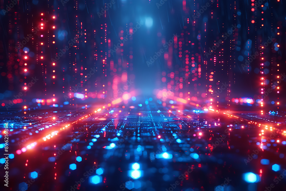 Poster a binary background with dark blue and touches of neon highlights creating a technological and futur