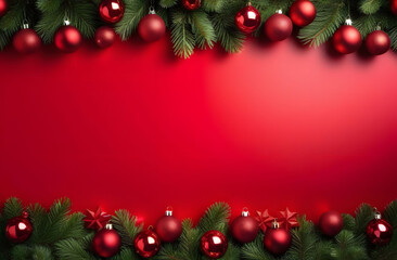 Christmas red background with balls, stars and branches of a Christmas tree, located at the above and below, free space for text. A festive winter backdrop for your business.