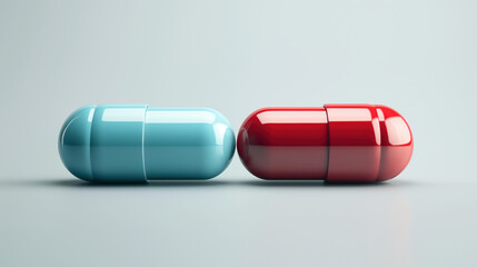 Two large glossy capsules, one blue and one red, placed side by side on a plain surface.