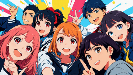 Naklejka premium Cute lovely manga anime cartoon personage friends buddies animated movie banner poster