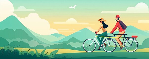 Fototapeta premium Adventure couple on a tandem bike, scenic countryside, flat design illustration
