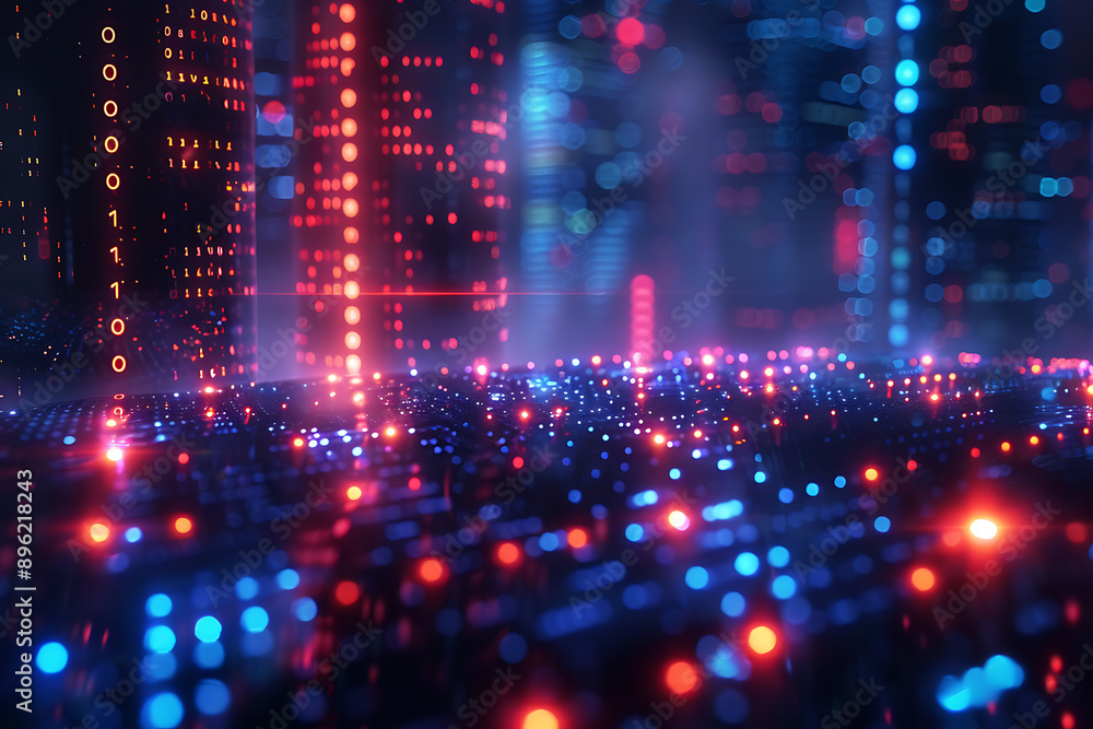 Poster a binary background with dark blue and touches of neon highlights creating a technological and futur