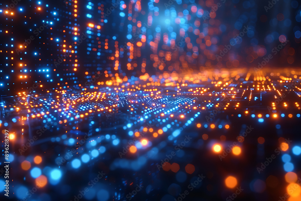 Poster a binary background with dark blue and touches of neon highlights creating a technological and futur