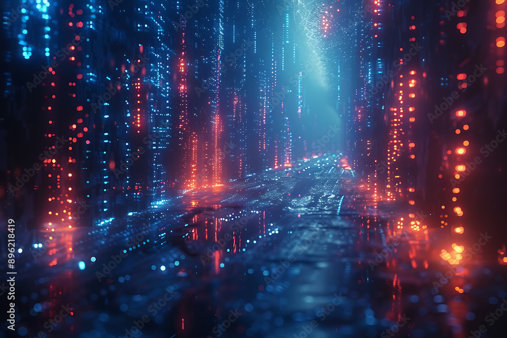 Poster a binary background with dark blue and touches of neon highlights creating a technological and futur
