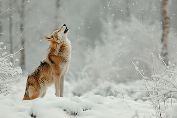 Obraz premium A majestic wolf howls in a snowy landscape, embodying the beauty of nature and wildlife in a serene winter setting.