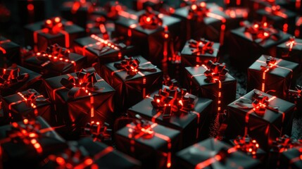 Obraz premium BLACK FRIDAY gift background on black , red ribbon, glowing present box, retail promotions, discount events and social media marketing Big sale offer.