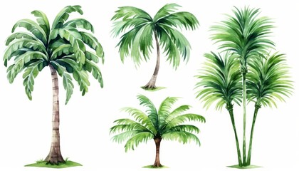 watercolor style illustration of tropical palm tree, collection set isolated on white background