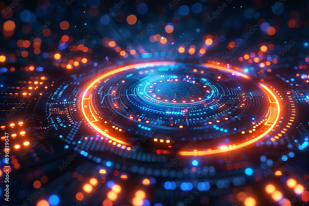 Poster a binary background with dark blue and touches of neon highlights creating a technological and futur