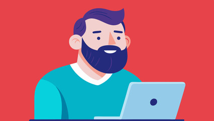 A man with white skin and with a beard is looking at a laptop, vector art illustration