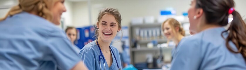 A Powerful student nurses in a simulation lab with instructors, education, delicate details