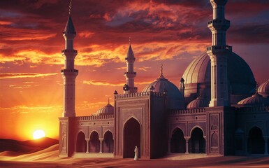 A serene mosque with its minarets silhouetted against a sunset