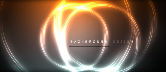 Neon glowing circle rays, light round lines in the dark, planet style neon wave lines. Energetic electric concept design for wallpaper, banner, background