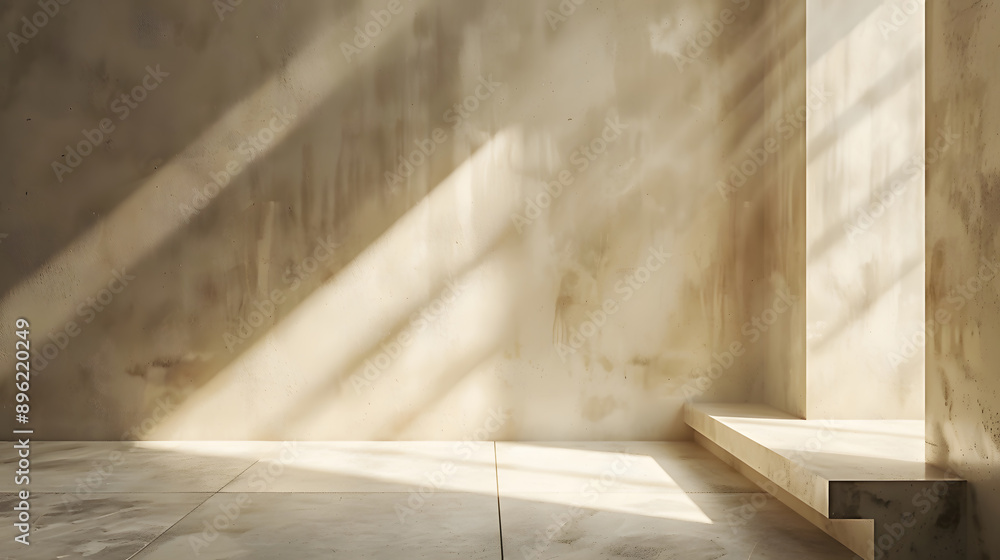 Poster delicate sunlight patterns on a white wall in an empty room. generative ai.