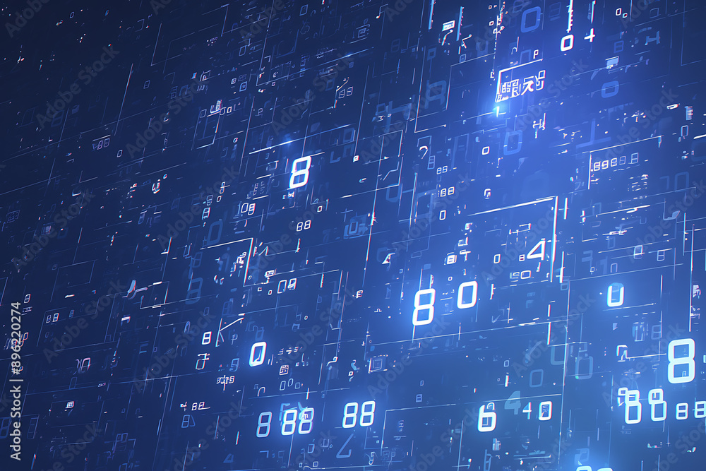 Poster a binary background with dark blue and touches of neon highlights creating a technological and futur