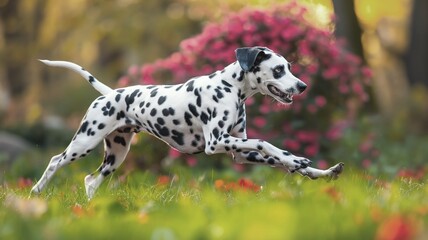 Active Dalmatian Canine Frolicking Amid a Colorful Meadow of Blooms on a Bright and Cheerful Afternoon, Reveling in the Splendor of the Outdoors