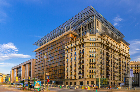 Brussels, Belgium, July 7, 2023: Europa building seat of the European Council and Justus Lipsius building on Rue de la Loi Law Street in European Quarter of Brussels city, Brussels-Capital Region