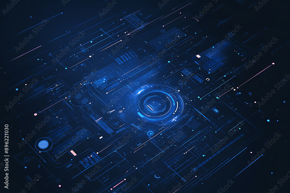 Poster a binary background with dark blue and touches of neon highlights creating a technological and futur