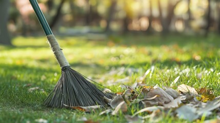 Sweeping leaves and debris from a lush green lawn with a straw broom on a sunny autumn day, showcasing the beauty of nature in the fall season