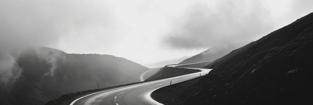 Winding road through mountainous landscape shrouded in fog. Black and white photograph capturing serene and mysterious atmosphere - Powered by Adobe