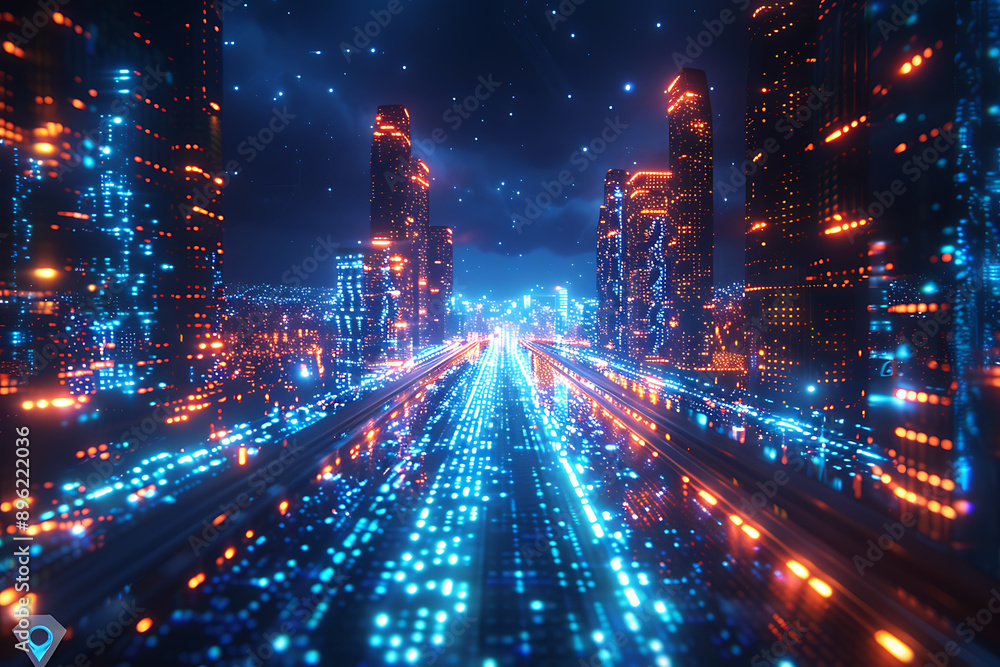 Poster a binary background with dark blue and touches of neon highlights creating a technological and futur