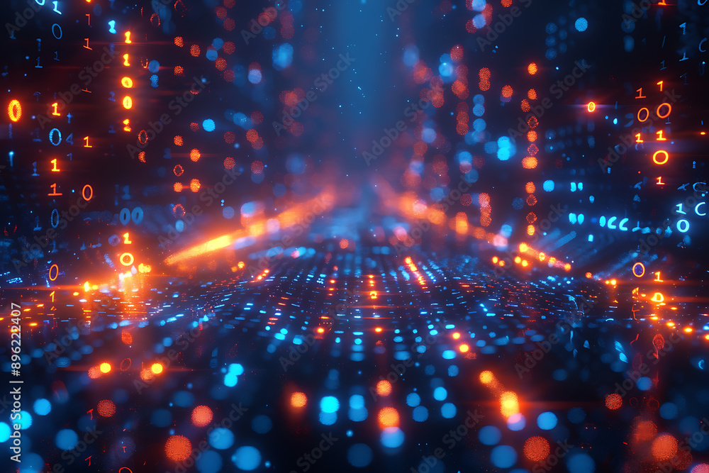 Poster a binary background with dark blue and touches of neon highlights creating a technological and futur