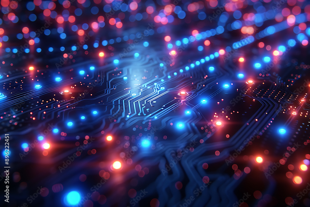 Poster a binary background with dark blue and touches of neon highlights creating a technological and futur