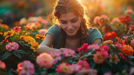 Fototapeta premium A realistic photograph, 8K resolution, shot on professional DSLR camera, tack-sharp focus, exquisite detail, high dynamic range of A passionate gardener planting flowers in a vibrant garden, 