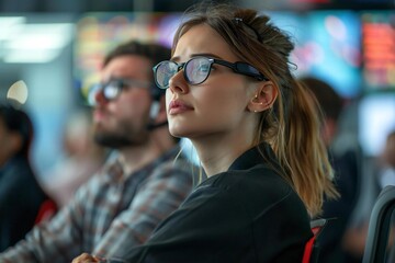 Futuristic idea: Implement AI-powered ergonomic chairs that adjust based on posture.  Young attractive businesswoman with eyeglasses and a well-groomed bearde employee experiencing back pain