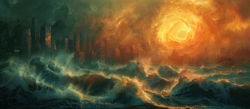 portrait of a tsunami that will hit a large, densely populated city